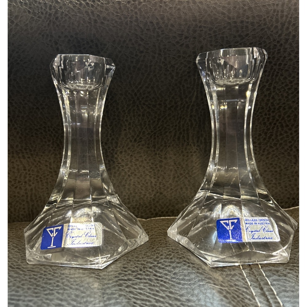 Pair Crystal Clear Industries Candlestick Holders Contemporary Austria 24% Lead